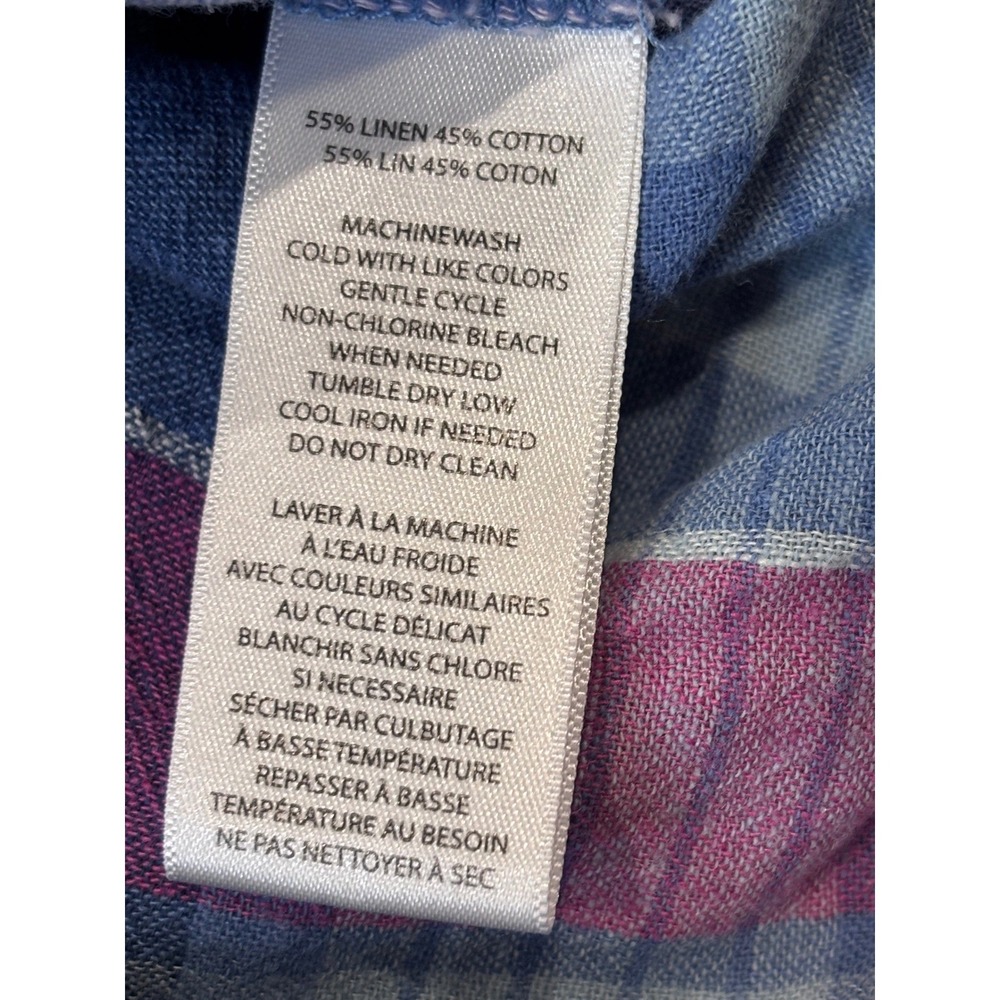 Beach Lunch Lounge Blue Purple Plaid Linen Cotton Square Neck Ruffle Top Large - Picture 6 of 13